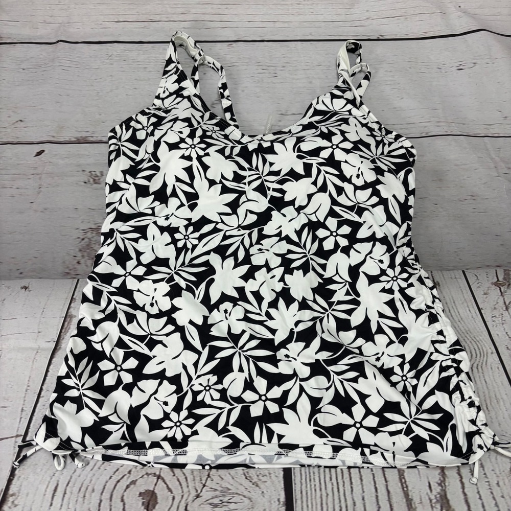 Lands End Womens 14P Black White Floral Tankini Swim Top Adjustable Hibiscus